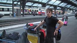 Ash feeling tired at Zurich rail station after a very early start and a soaking this morning